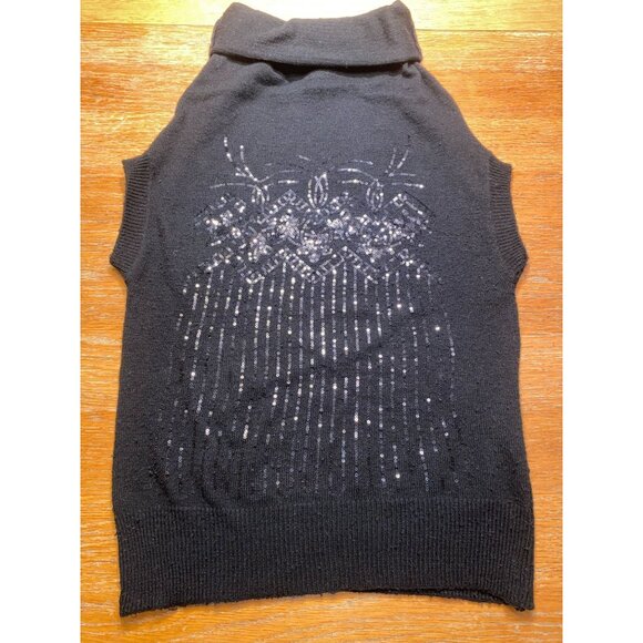 Vintage Black Sleeveless Turtleneck Sequin Sweater Vest - Picture 1 of 5